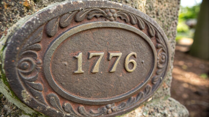 Obraz premium independence day Engraved plaque with year 1776 on weathered surface, showcasing history