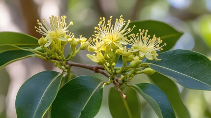 Fototapeta premium Beautiful Yellow Flowers on Green Leaves in Natural Environment