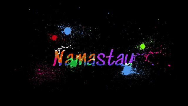 Namaste, indian greeting, hand drawn lettering on abstract doodle round ornament on black background,
