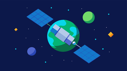Naklejka premium Satellite in Orbit A detailed satellite with solar arrays and antennas gliding above a blueandgreen planet surrounded by stars in a dark sky.