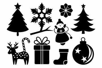 christmas elements set line art silhouette vector illustration