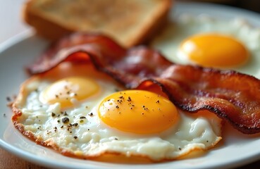 Golden fried eggs and crispy bacon with toast on plate. Classic morning breakfast or brunch. Fast and easy tasty food with pepper. Restaurant menu, simple satisfying meal.