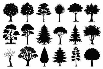 different types of trees line art silhouette vector illustration