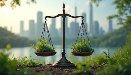 Scales hold green plants, balancing nature, city. Climate justice concept. Weight scales as law symbol, equality between ecology, industry. Eco balance, sustainable future, clean environment.