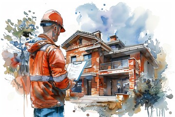 A construction worker inspects a new building while holding a clipboard, showcasing modern architecture.