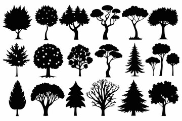 different types of trees line art silhouette vector illustration