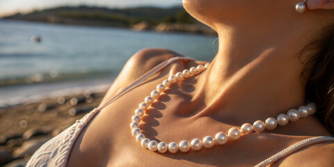 Close-up of woman wearing elegant pearl necklace on beach at sunset