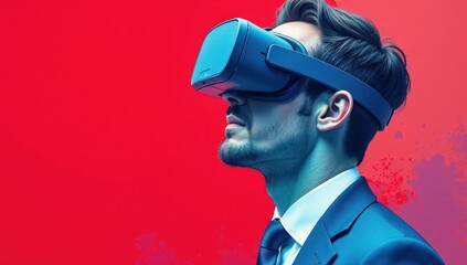 Businessman in VR Headset with Vibrant Red Background. Ideal for tech advertisements, virtual reality promotions, or futuristic digital campaigns