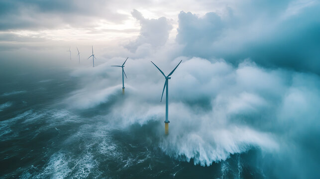 Aerial view of storm clouds rolling over an offshore wind farm, with waves crashing below.