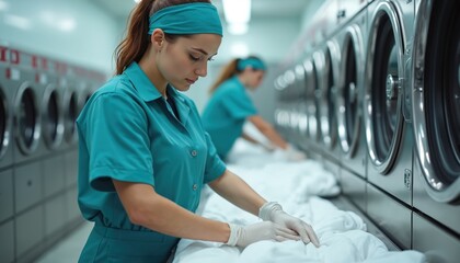 Focused woman in blue uniform precisely handles clean linen at commercial laundry. Hotel employee works with diligence, care, ensuring hygiene, neatness in modern workplace. Automated machinery helps.