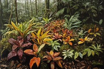 Fototapeta premium Lush rainforest undergrowth with vibrant foliage in warm hues.