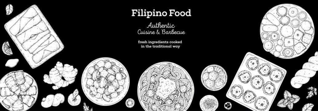 Filipino food top view vector illustration. Food menu design template. Hand drawn sketch. Filipino food menu. Vintage style.