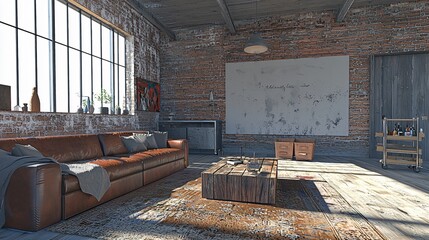 Naklejka premium A cozy industrial living room with a rustic vibe and natural light.