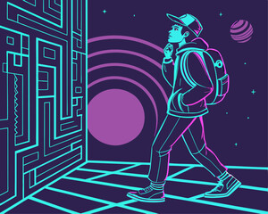 Futuristic Neon Walk - Young Man in Cyberpunk City.Vector illustration of a young man walking in a futuristic neon environment with glowing lines, abstract maze, and cosmic background. Cyberpunk style