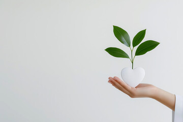 Hand holding heart-shape with green plant representing love for nature, space for text