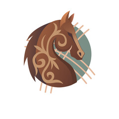 Kyrgyz ethnic horse illustration with intricate patterns and traditional swirls. Perfect for logos and cultural designs in a rustic, ornamental style.