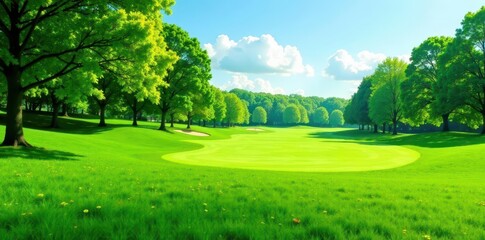 Fototapeta premium Lush green lawn, perfectly manicured, endless horizon, seamless pattern, environment, texture