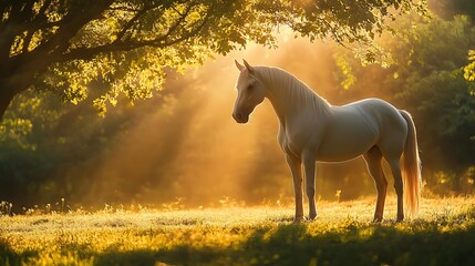 A white horse stands under a tree in sunlight beams