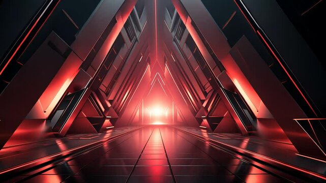Futuristic, angular tunnel bathed in vibrant red light.  Intricate geometric architecture with dark metal and reflective surfaces - Powered by Adobe