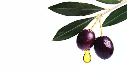 Fresh Purple Olives with Golden Oil Drop on White Background