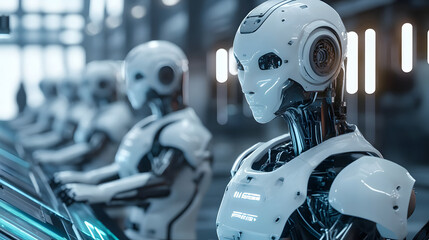 Fototapeta premium AI-driven robots in a futuristic factory, assembling high-tech gadgets and machines with high precision and speed, optimizing the workflow.