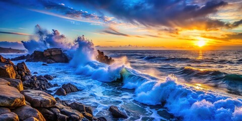 Fototapeta premium Deep blue ocean waves crashing against a rocky shoreline at sunset, ocean waves, natural, ocean waves, natural