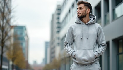 Man wears grey hoodie sweatpants relaxed casual fashion clothes. Versatile contemporary apparel urban lifestyle ensemble. Stylish person in modern trendy male wear looks away. Copy space.
