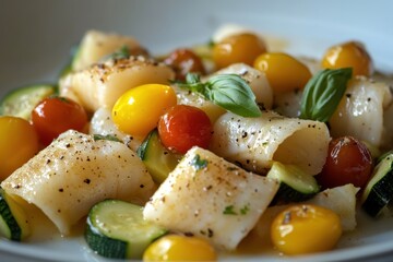 Close up of paccheri pasta featuring swordfish yellow cherry tomatoes and zucchini