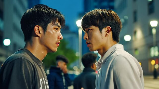 Two young men stand face-to-face, tension visible in their eyes. Their expressions suggest an unresolved conflict, set against city lights. Perfect for themes of rivalry, intense emotions, human drama