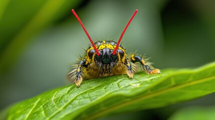 Naklejka premium Vibrant and Colorful Insect Close-Up on Leaf Against Green Background