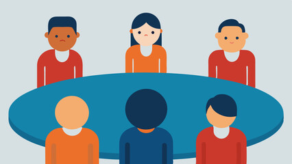 Fototapeta premium Meeting Table A round table where everyone is nodding in agreement except for one person who looks skeptical indicating the pressure to conform in group discussions.