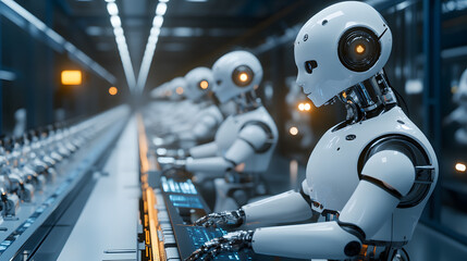 Fototapeta premium AI-powered robots performing quality checks on finished products in a futuristic factory, ensuring perfect standards.