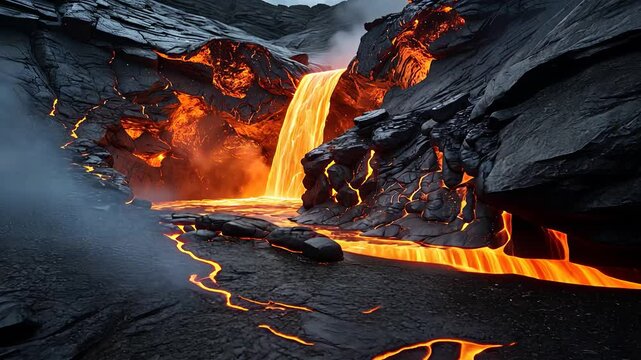 Molten Lava Flowing from Volcano Creating Glowing Orange Waterfall of Lava Against Dark Rocky Terrain

