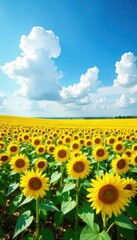 Fototapeta premium Vast sunflower field, vibrant yellow under blue cloudy sky, vibrant, texture