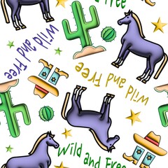 Abstract Hand Drawing 3D Emboss Rubber Plastic Horses Cactuses Cowboy Hats and Boots with Wild and Free Writing Seamless Childish Textile Pattern Isolated Background