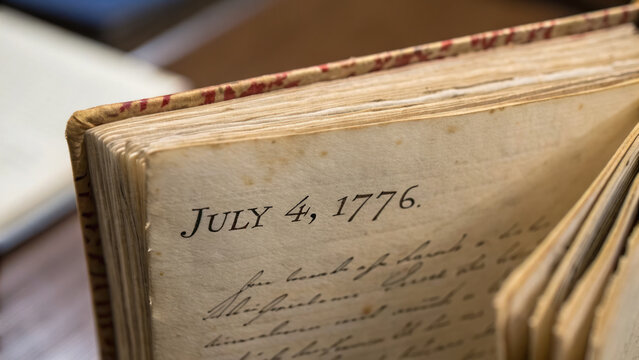 independence day Close up of old war journal with handwritten entries, dated July 4, 1776, evoking historical significance