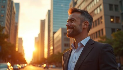 Happy businessman stands in big city street at sunset, modern skyscrapers background, contemplates future. Confident entrepreneur thinking about vision. Successful male executive, leader, investor at