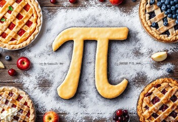 Pi symbol made of pie crust surrounded by fruit pies celebrating pi day
