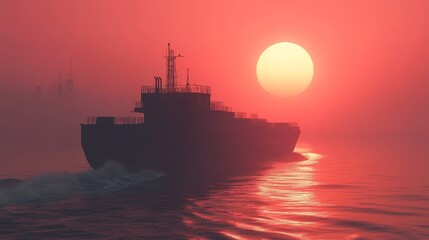 Cargo ship sailing on the ocean during a red sunset or sunrise with another ship distant