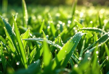 Fresh green grass blades covered with dew drops in morning sunlight
