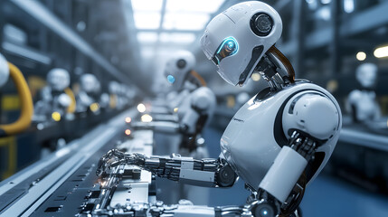 Fototapeta premium AI robots collaborating with human workers to create custom-designed products in a futuristic factory environment.