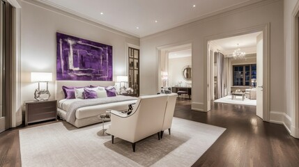 Modern Bedroom with Bold Artwork and Soft Lighting