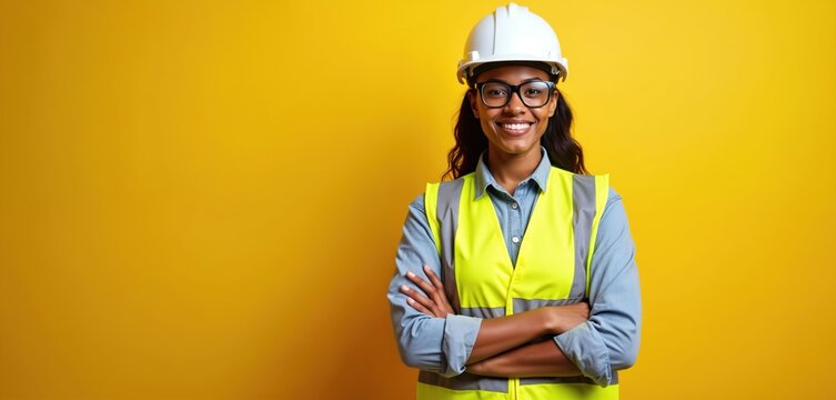 Smiling African American female engineer in hard hat, high vis vest stands against yellow background. Construction worker, architect on site. Manufacturing tech job concept. Safety, confidence,