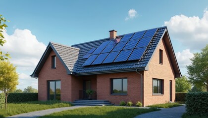 Modern red brick house equipped solar panels. Clear blue sky. Residential building uses renewable energy. Sustainable architecture design eco-friendly lifestyle, reducing carbon footprint,