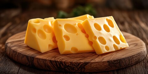 Cheese cubes arranged on a wooden board with a rustic background for culinary presentation in a cozy setting