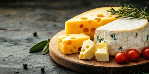 Delicious cheese platter with various types of cheese, cherry tomatoes, and fresh herbs on a wooden board