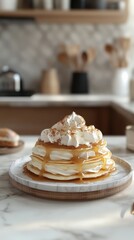 Delicious pancakes topped with whipped cream and caramel sauce in a cozy kitchen setting