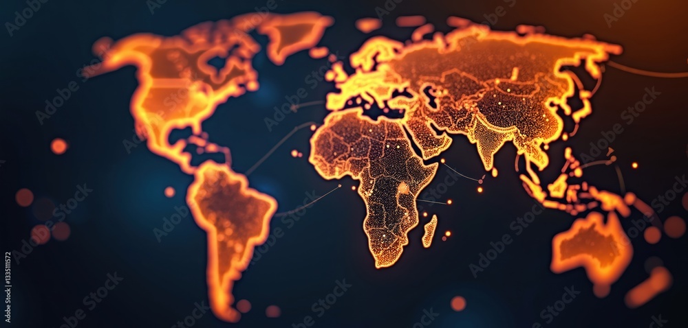 Aufkleber Digital global network visualization. Orange data points connect continents on dark blue background for tech, global business, communication themes. Worldwide connection system with futuristic