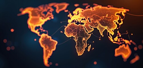 Digital global network visualization. Orange data points connect continents on dark blue background for tech, global business, communication themes. Worldwide connection system with futuristic