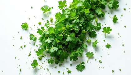 Parsley leaves on transparent background. Fresh green herb. Aromatic seasoning and cooking ingredient. Heap of leaves from top. Healthy eating wallpaper with growing green plants. Fresh bio spice.